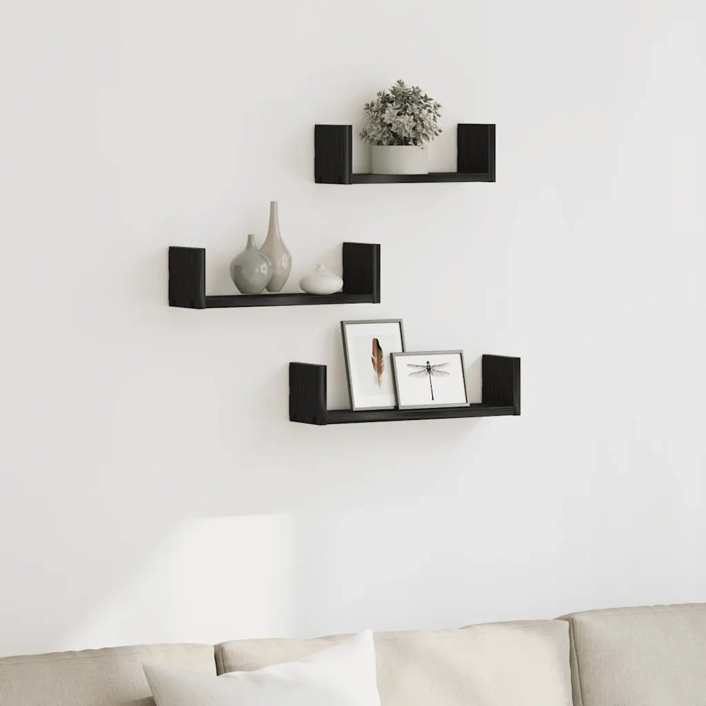 Mensole Parete 3pz Rovere Nero in Legno Multistrato 868074