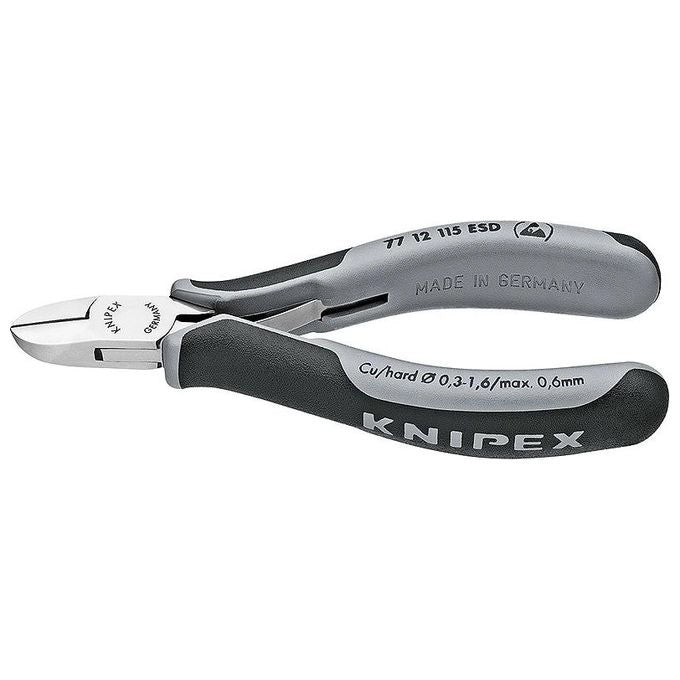 KNIPEX 77 12 115 ESDSB Tronchesi laterali per elettronica ESD con cerniera passante impugnature multicomponente testa tonda 115 mm colore Nero