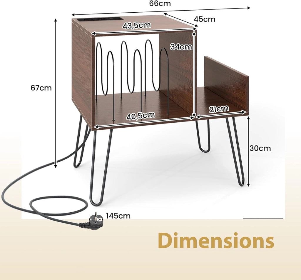 Supporto per giradischi, 66 x 45 x 67 cm, tavolino con stazione di ricarica integrata, mensola in vinile con gambe in metallo, armadio per camera da letto, soggiorno (marrone)