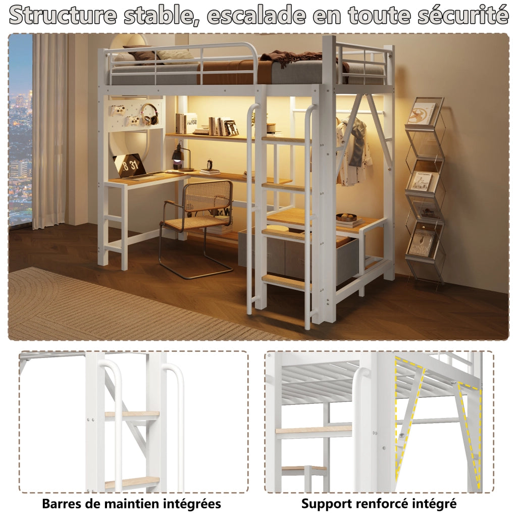 Letto a soppalco 90x200 cm con scrivania; USB; pegboard; cassetti in tessuto; ripiani; appendiabiti e LED; metallo bianco