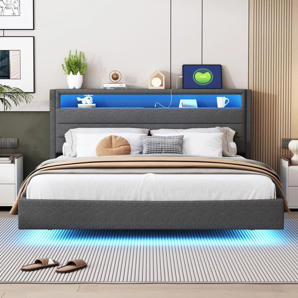 Letto matrimoniale imbottito 160x200 cm grigio in tessuto effetto lino con USB e LED