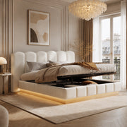 Letto matrimoniale 180x200 cm con contenitore idraulico, testiera imbottita, LED e rivestimento Bouclé bianco