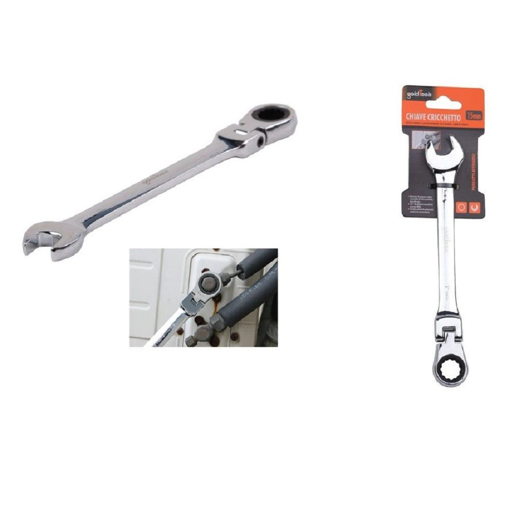 Trade Shop - Chiave A Cricchetto Combinata 15mm Testa Pieghevole Cromo Vanadio Utensile 91736 -