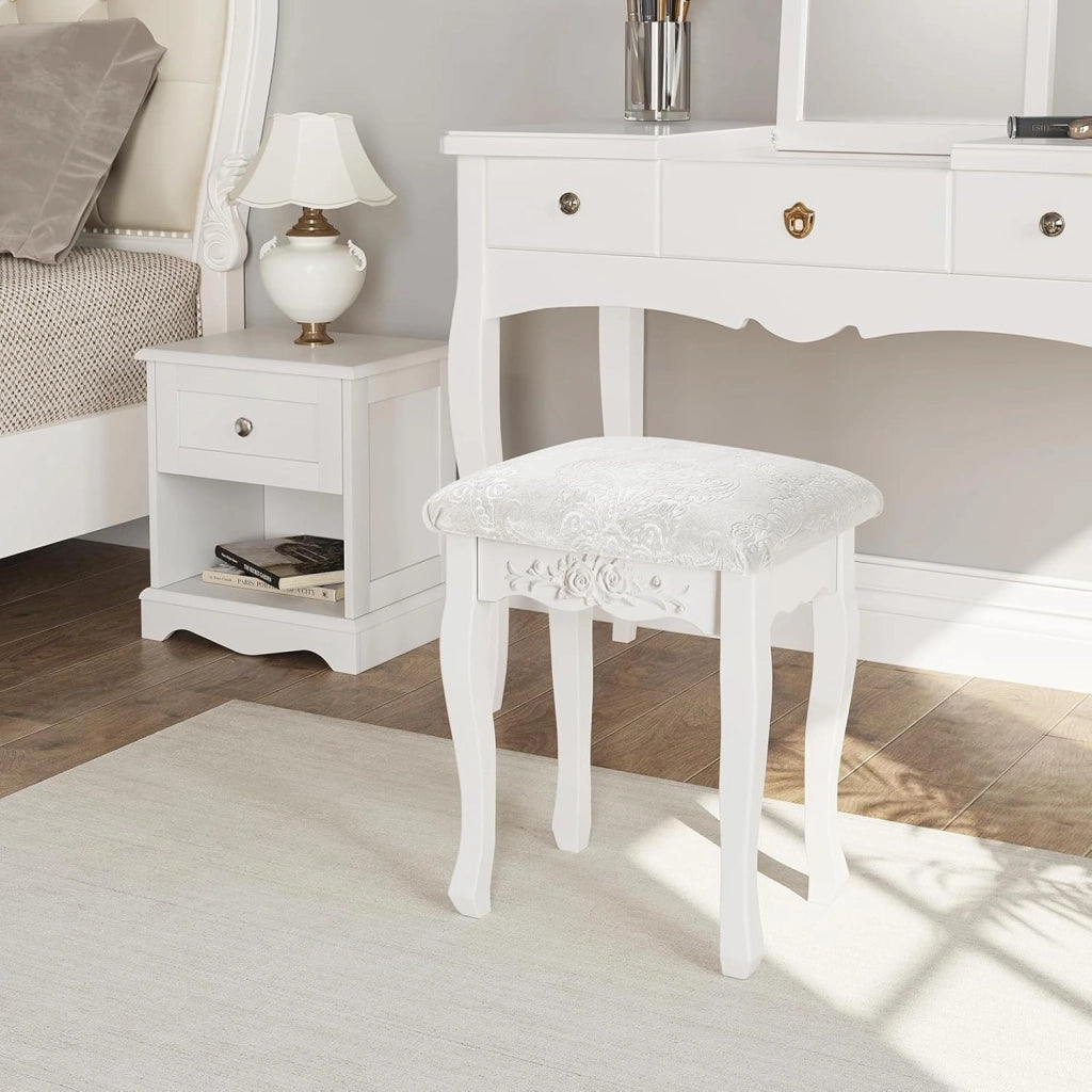 Sgabello per Tavolo da Trucco, Toeletta Sedia Imbottita per Camera con Motivo Floreale, Design Barocco, Legno di MDF + Rovere, Bianco+Beige 37x30x50cm, MB6015cm