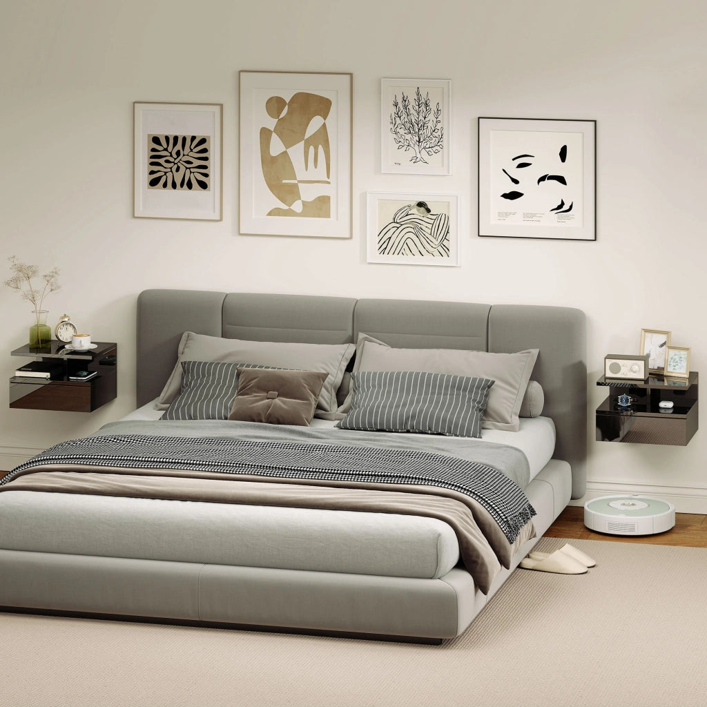 Set da 2 Comodini Moderni Sospesi con Cassetto e Mensola in Legno 35x32x22.5cm, Nero Lucido