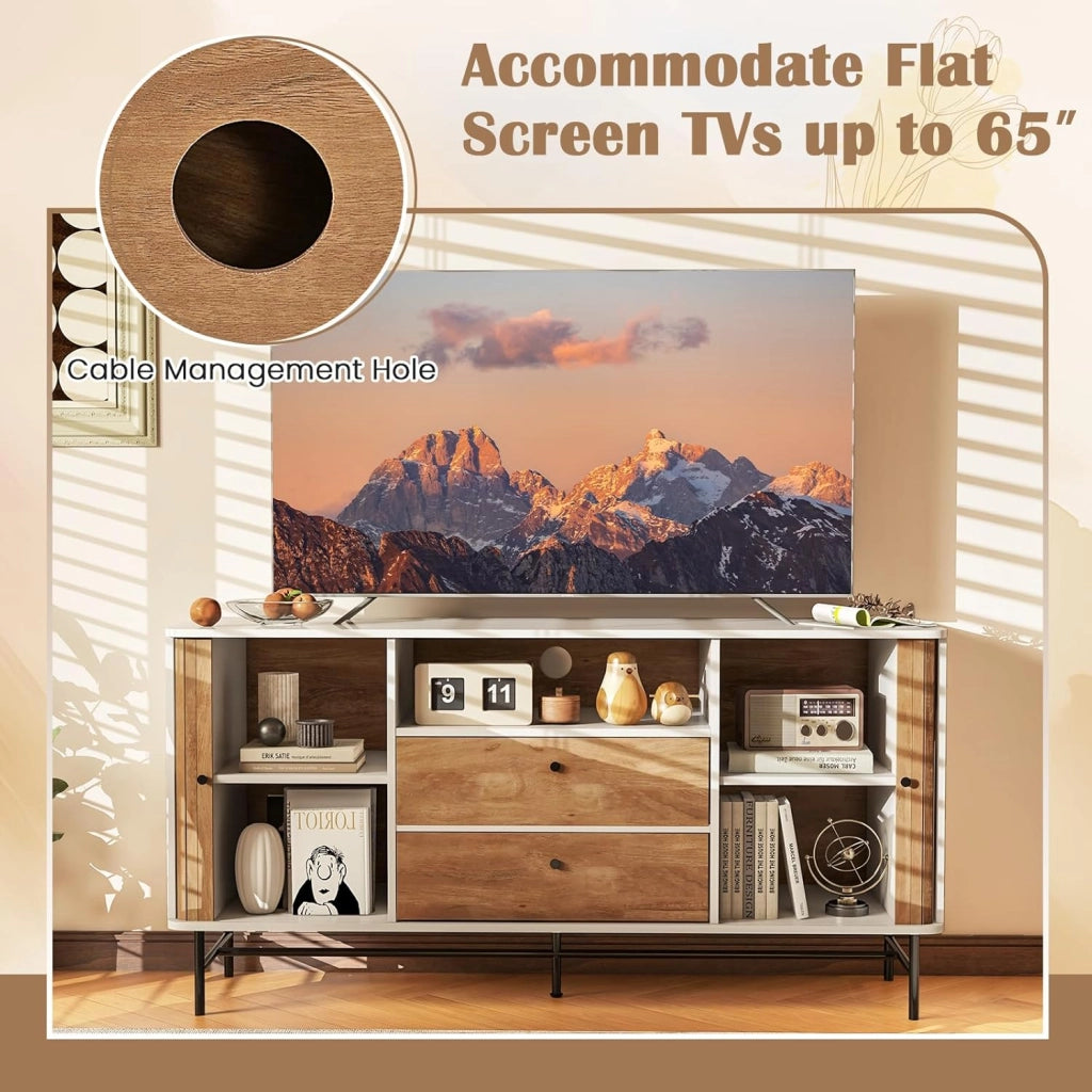 Credenza Basso con Gambe in Metallo, Credenza da Cucina Moderna con Ante Scorrevoli e 2 Cassetti, Buffet da Soggiorno con Protezione Antiribaltamento, 150 x 45 x 74 cm