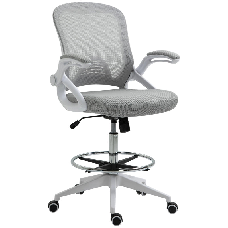 Sedia da ufficio ergonomica girevole con braccioli ribaltabili e poggiapiedi regolabile in rete grigio chiaro