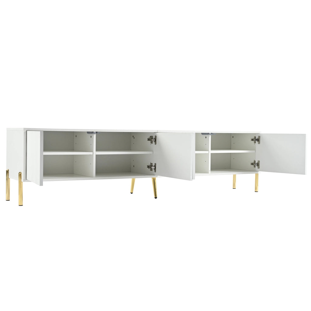 Mobile porta TV con quattro ante e otto ripiani, gambe dorate, design a scanalature verticali, bianco 190 × 38 × 48 cm