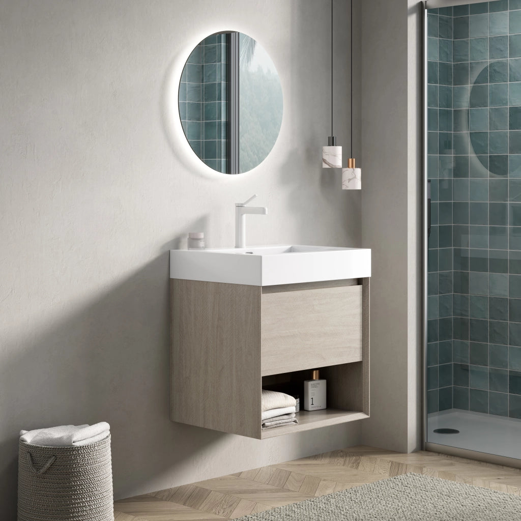 Mobile sottolavabo con lavabo in resina, 1 cassetto e vano aperto, per bagno, rovere chiaro bianco, 55 × 46 × 60 cm