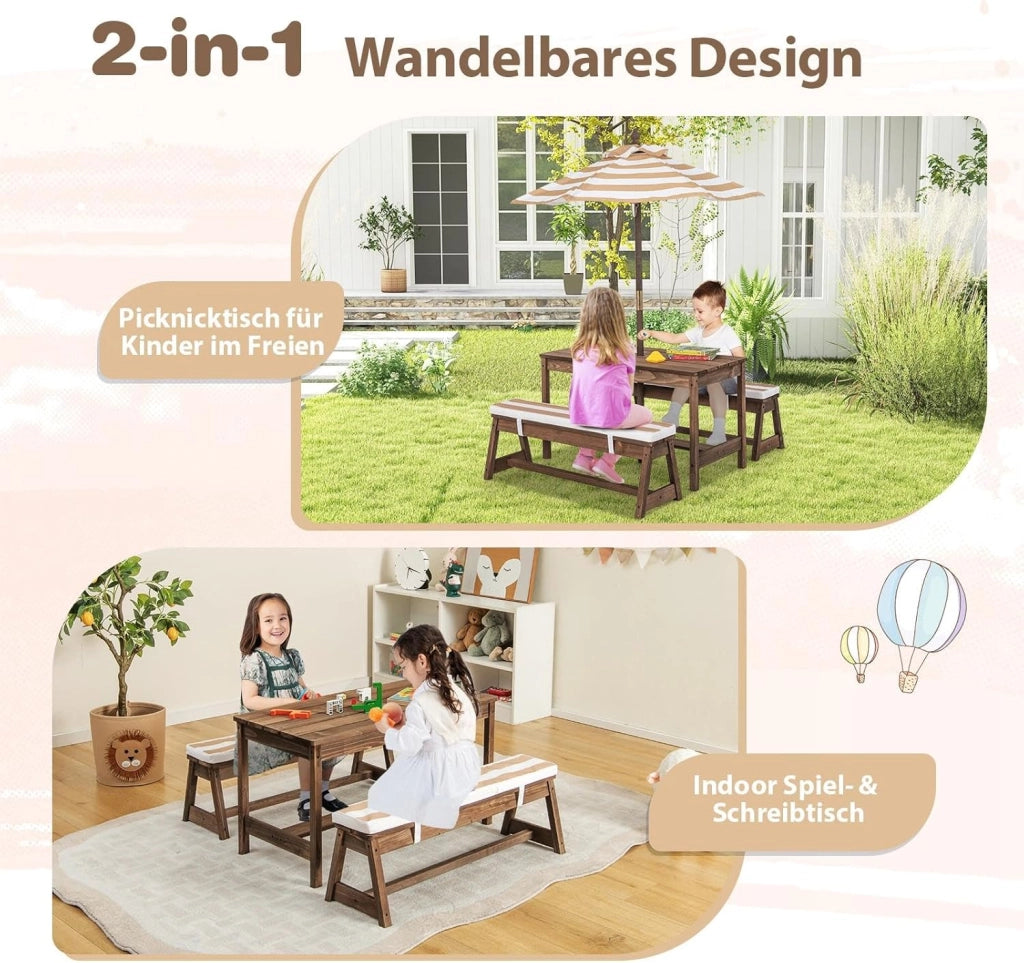 Set di Tavolo Picnic per Bambini con Ombrellone Regolabile, Panche per Bambini in Legno di Abete con Parasole e Cuscini Morbidi, Tavolo e Panchine Pranzo da Giardino e Parco (Marrone)