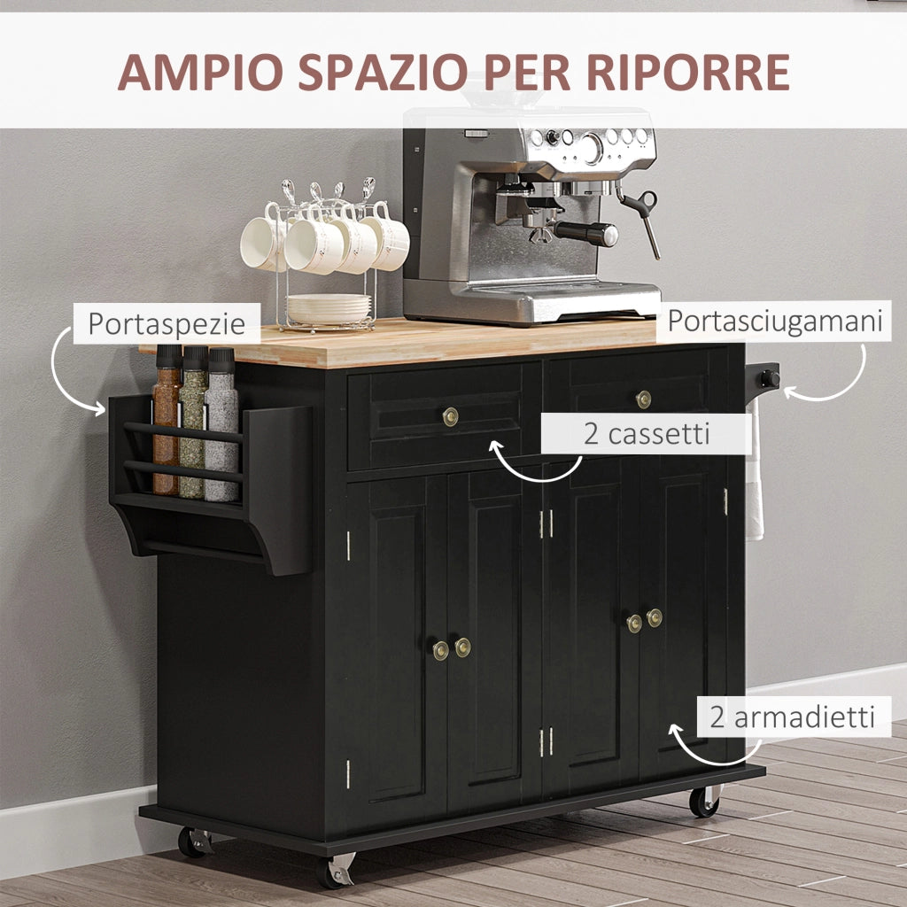 EasyComfort Carrello da Cucina Portavivande con Cassetti, Armadietti e Portaspezie, in Legno e MDF, 111x44.5x82.5 cm, Nero