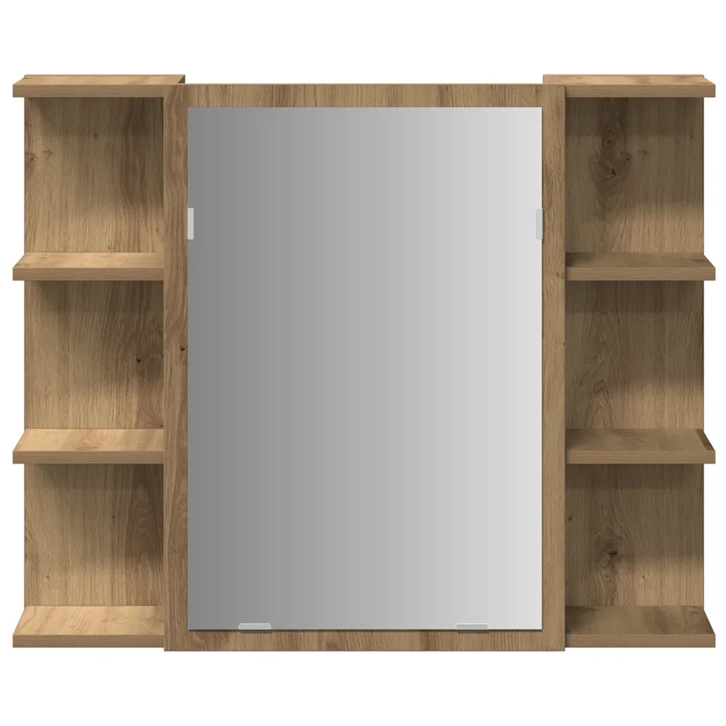 Mobiletto da bagno moderno con specchio e pratico spazio contenitivo 80 x 20,5 x 64 cm in legno di rovere lavorato a mano 02_0050721