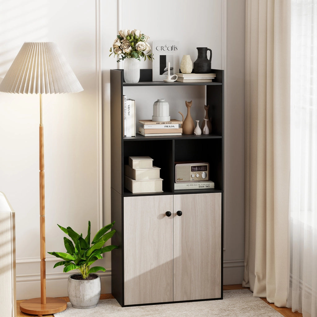Armadio da 5 ripiani in legno con 2 ripiani aperti 2 scomparti, Libreria alta 140 cm con ante per camera soggiorno studio Marrone