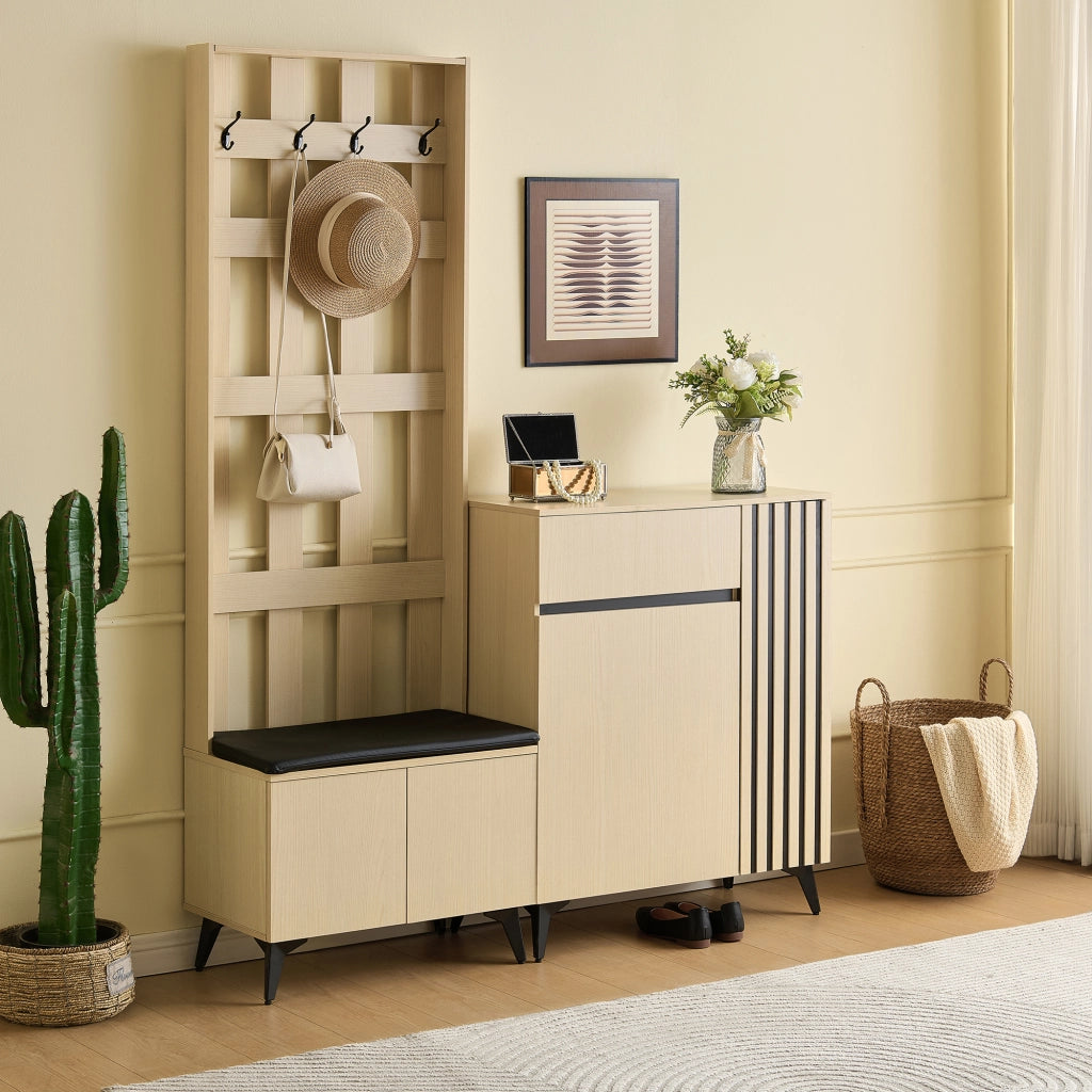 Mobile da ingresso con panca, appendiabiti e credenza con 2 ante, 1 cassetto e ripiani regolabili in MDF effetto legno