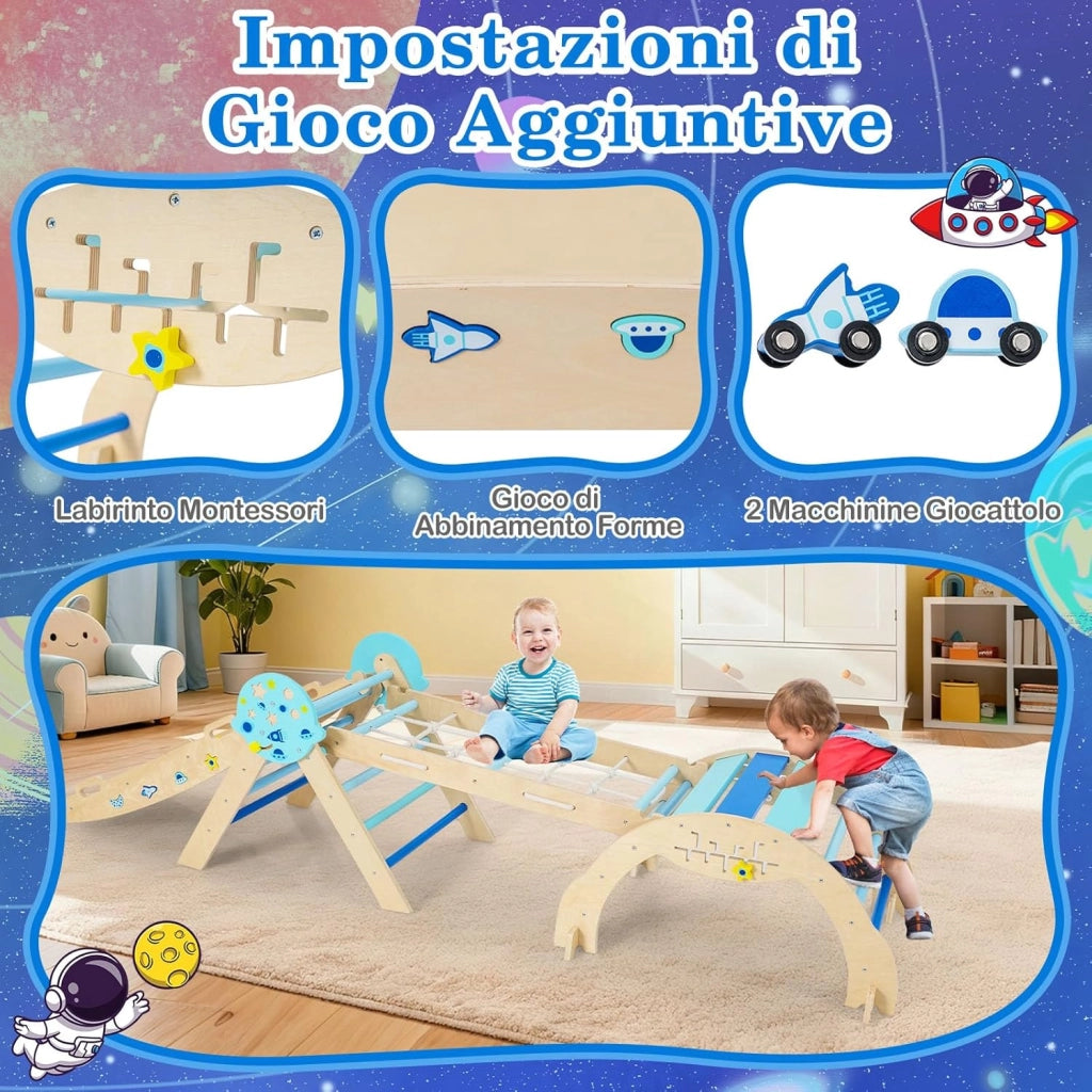 8 in 1 Set da Arrampicata per Bambini, Giocattoli da Arrampicata in Legno con Triangolo Arco Rampa e Corda, Giochi Montessori per Bambini 1 Anni + (Astronauta 4 pezzi, Blu)