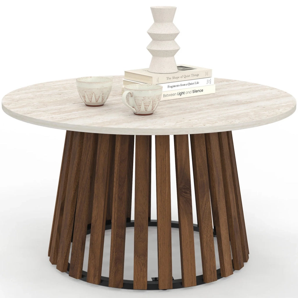 IDMarket - Tavolino rotondo CARMEN 70 cm con gambe in legno effetto noce e piano in travertino