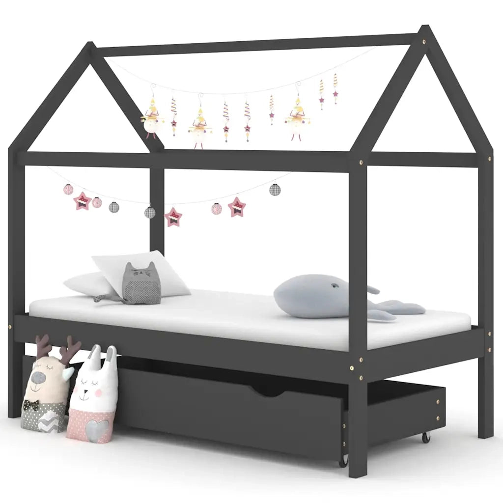 Giroletto Bambini Cassetto-Struttura Letto Bambini Grigio Scuro Pino Massello 80x160cm