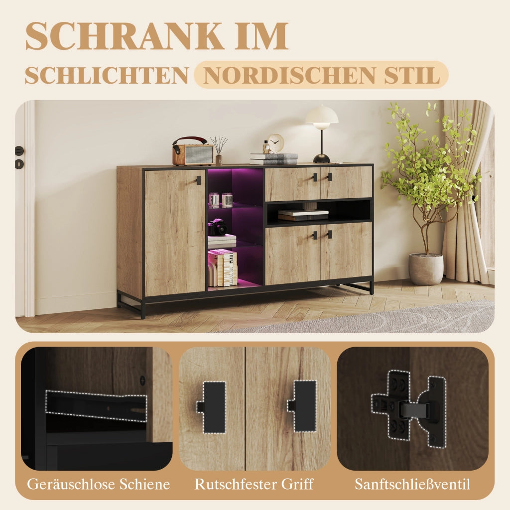 Credenza con 2 ante; ripiano regolabile e illuminazione LED - per soggiorno - 160×40×84.5 cm - naturale