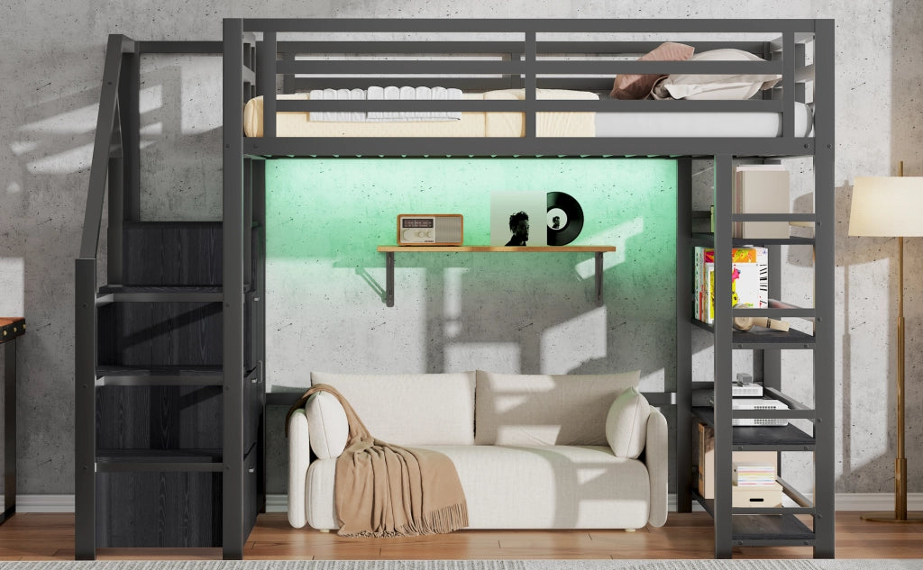 DESMIU Letto a soppalco 140 × 200 cm 2 posti con scaffali, armadio e LED, senza materasso, in metallo, nero