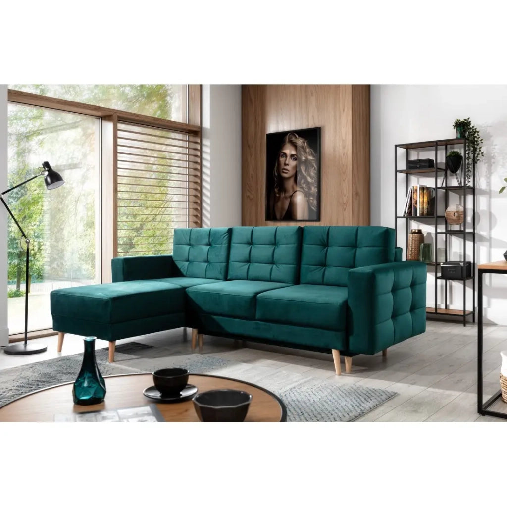 Divano letto angolare HASGARD 3 posti verde scuro 248x162 cm – con baule e piedi in legno