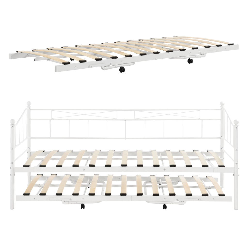 Divano in Metallo con Cornice Decorativa + Letto di Complemento con Gambe Pieghevoli e 4 Ruote, Sofa a 2-3 Posti di Seduta e Secondo Letto Salvaspazio + 2 Materassi 200x90 cm - Bianco