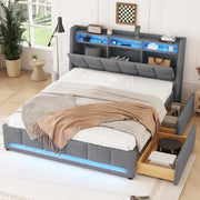 Letto Imbottito con Cassetti e LED ¨C MINIMAL ¨C Grigio, Tessuto Lino, 140x200