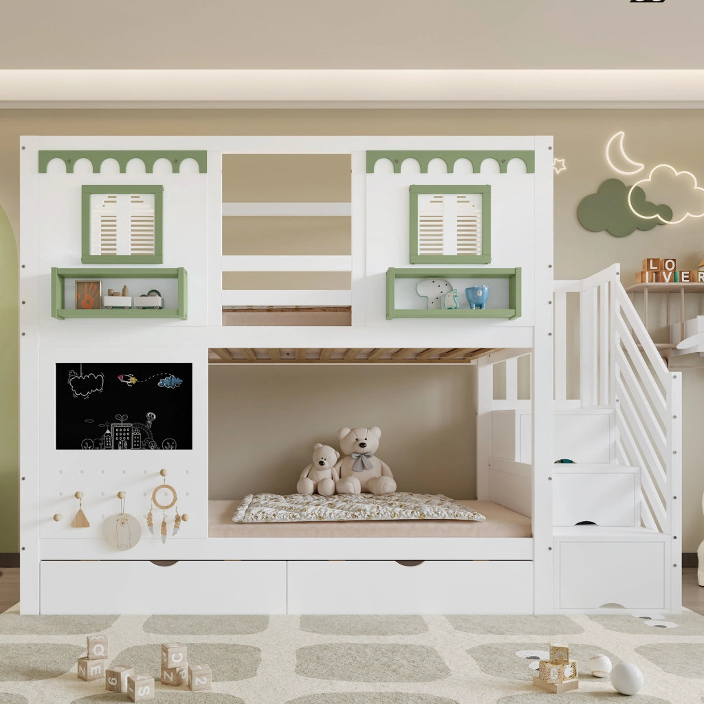 Letto a castello per bambini 90x200 cm con scala contenitore, 2 cassetti, lavagna e pannello forato, bianco+verde
