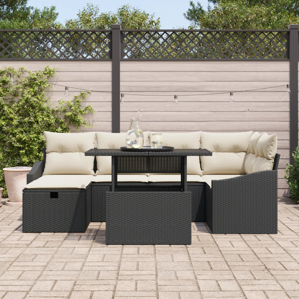 Set di divani da giardino da 7 pezzi con cuscini in polyrattan nero