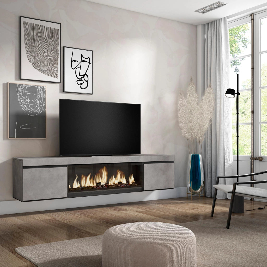 Mobile TV, Soggiorno, 208x35x45cm, Per TV fino a 80", Camino elettrico XXL, da appendere, grigio cemento RF3207