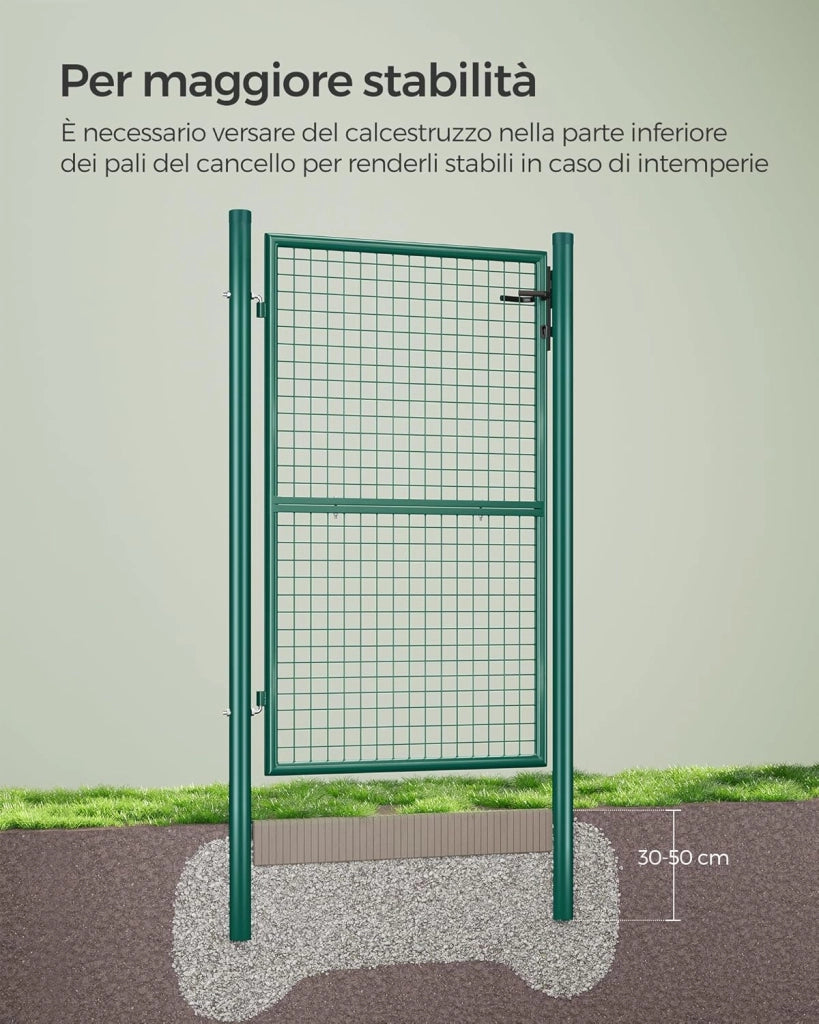 SONGMICS Cancello da Giardino, Cancelletto da Giardino, Acciaio Zincato con Serratura, Porta di 106 x 150 cm (L x H), Tubo Tondo, Cancello per Recinzione, Verde GGD200G