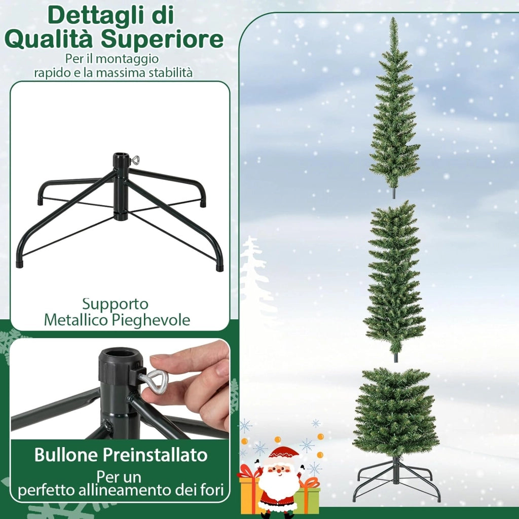 Albero di Natale Slim da 150/180/210 CM, Albero di Natale Artificiale con 296/390/499 Punte di Ramo, 150/180/200 Luci LED Bianche Calde, Supporto Pieghevole in Metallo (210 cm)