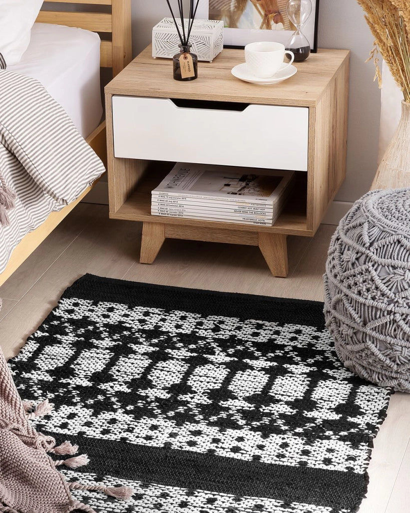 Tappeto tappetino Nero con Rettangolo Bianco 80 x 150 cm Moderno Contemporaneo Telato a mano in pelle di cotone fatto a mano