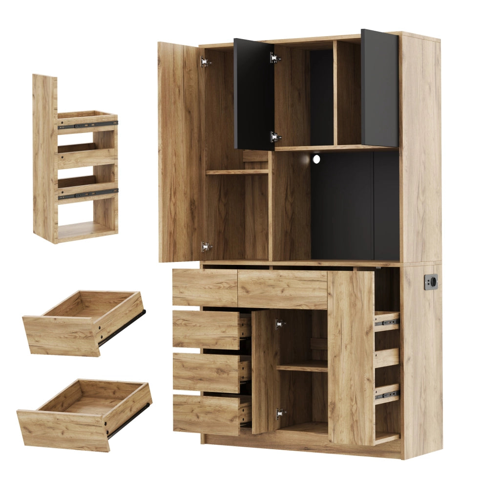 Mobile buffet da cucina con LED; presa integrata e ripiani regolabili 185 x 105 x 40 cm; nero e naturale