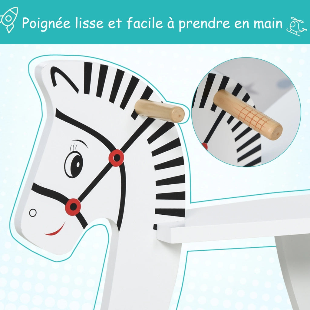 Cavallo a Dondolo Zebra ¨C Zephmum ¨C Legno Naturale con Maniglie e Anello di Sicurezza