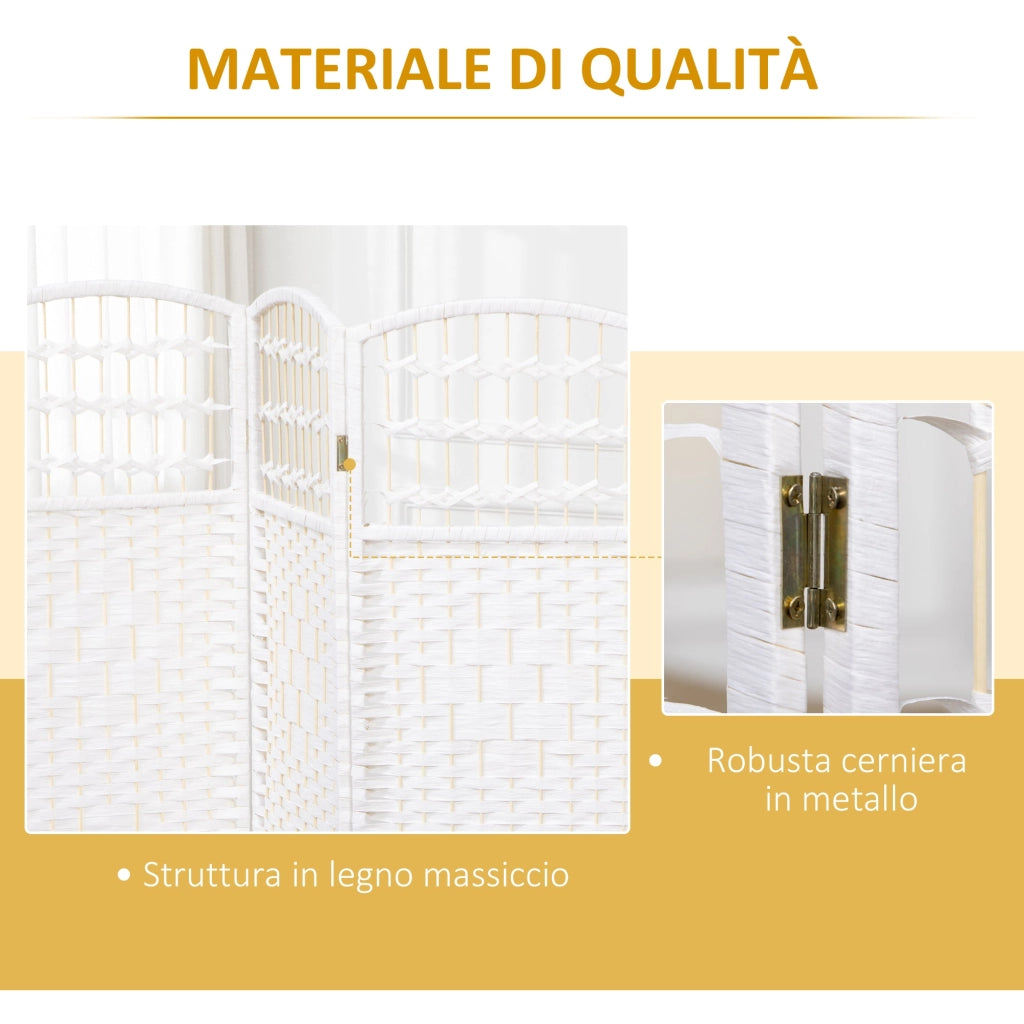 Paravento a 4 Ante Pieghevole 160x170 cm Autoportante e Intrecciato per Interni Bianco