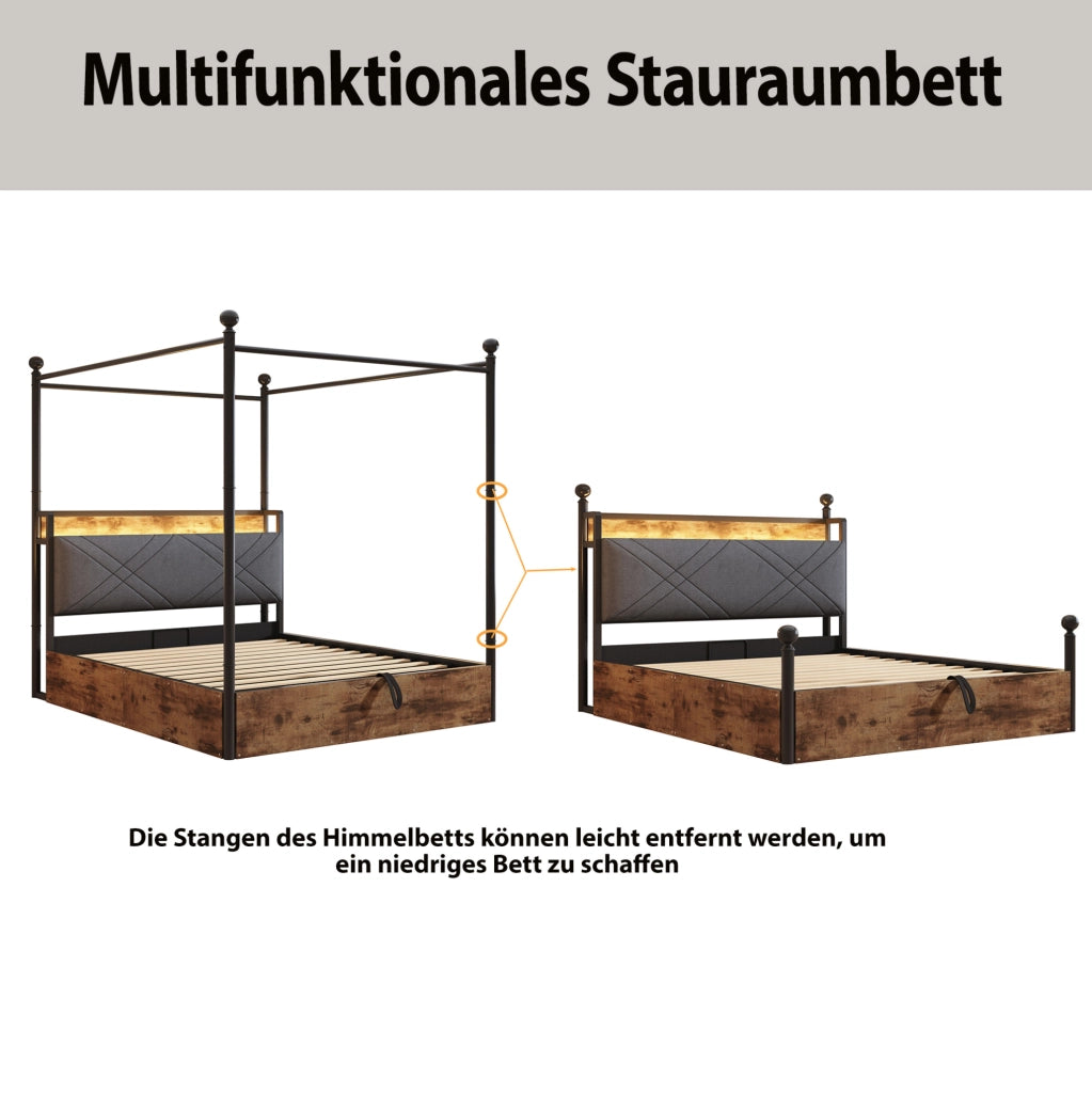 Letto matrimoniale a baldacchino 140x190 cm con contenitore; LED; USB e Type-C; nero