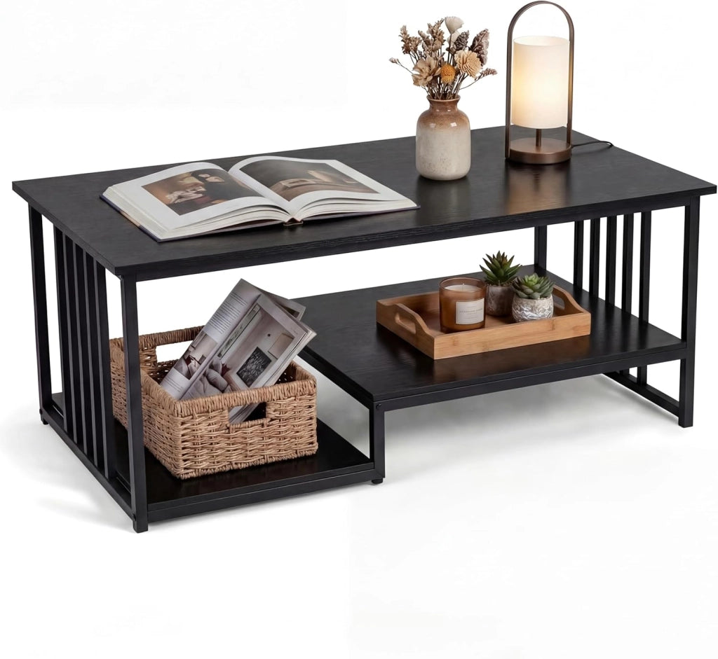 Tavolino Salotto Rettangolare, Tavolino da Salotto a 2 Livelli con Ripiano e Mensola Aperta, Gambe in Metallo Solido, Mobile Complementare per Salotto, Casa, Ufficio, 110 X 60 X 45 CM (Marrone)