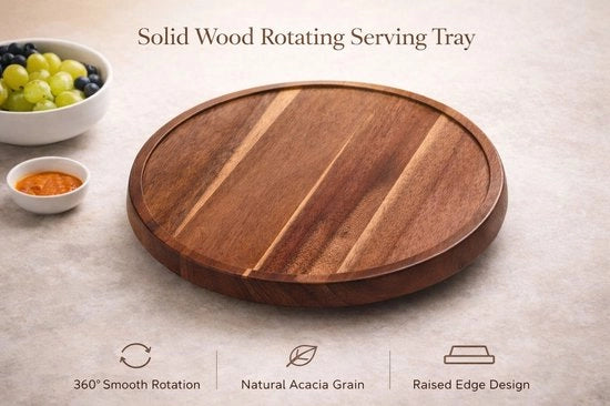 Organizzatore rotante per cucina, 25,5 cm piatto rotante in legno, piatto rotante in acacia, griglia rotante per spezie (1 pezzo)