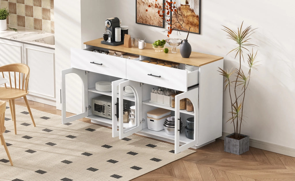 Buffet Cucina con LED, 2 Cassetti e 4 Ante, Ripiani Interni, 147x40x86 cm, Bianco