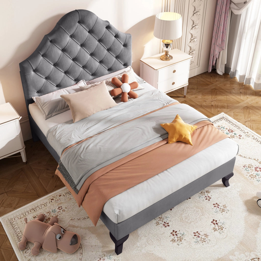 Letto imbottito singolo 90x200 cm in velluto grigio con testiera imbottita e rete a doghe