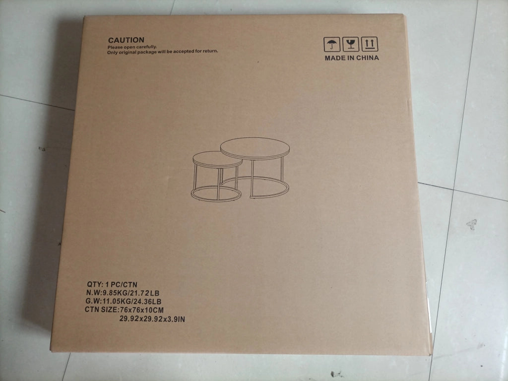 Tavolini bassi impilabili con 2 tavoli rotondi, stile moderno, in metallo e legno ingegnerizzato, rovere e nero