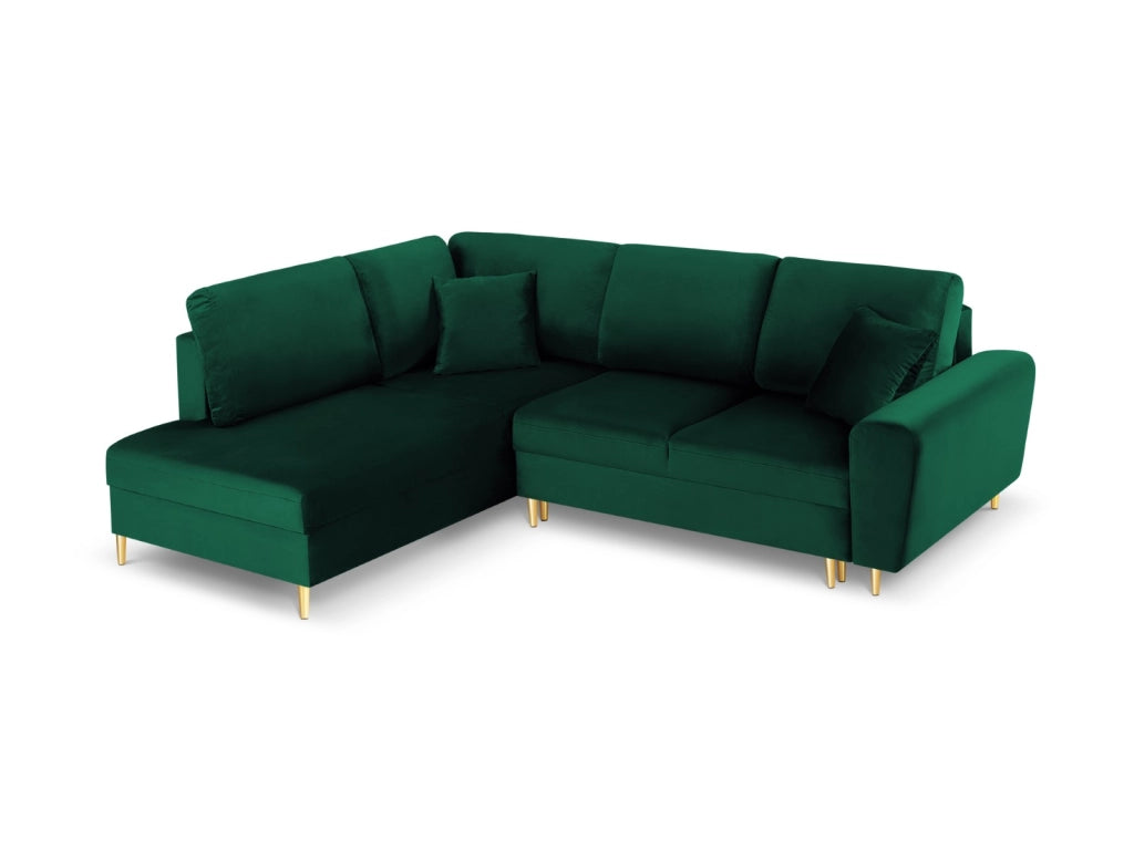Cosmopolitan Design - Divano convertibile angolare sinistro con contenitore "Kyoto" 5 posti in velluto verde bottiglia 