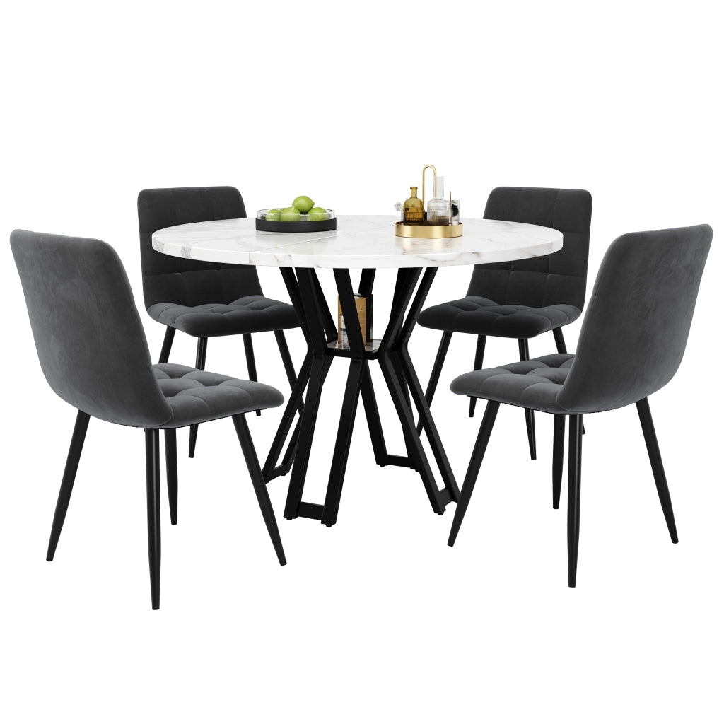 Tavolo da pranzo per 4 persone con 4 sedie, piano marmorizzato, gambe nere, in MDF e metallo, 100 × 100 × 76 cm