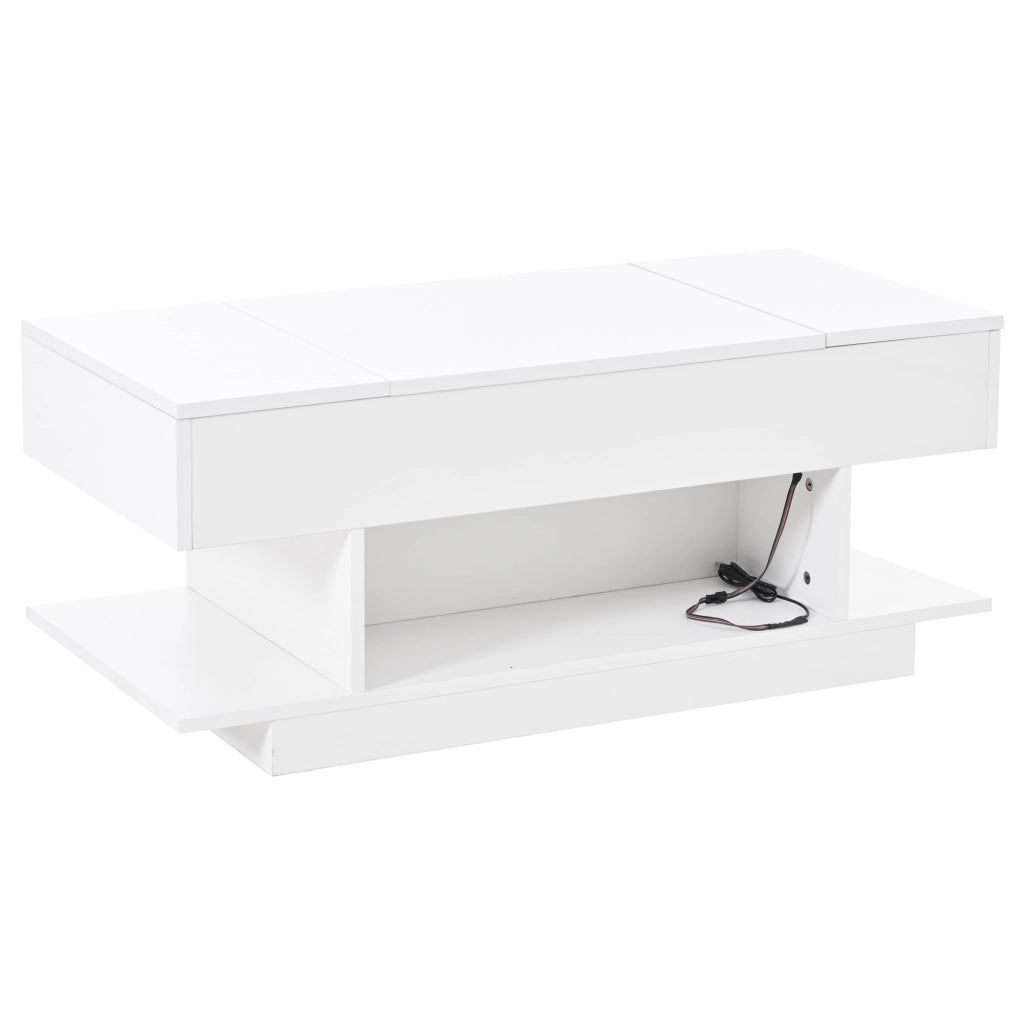 Tavolino basso sollevabile con piano rialzabile 2 vani con anta a ribalta 4 vani aperti LED bianco 98 × 45 × 40 cm