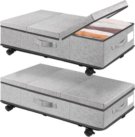 Commode rotazionale 360° con ruote - telaio metallico - contenitore di stoccaggio per sotto il letto - coperchio - cesta per la stoffa - organizzatore per cuscini scarpe coperte - 2 pezzi
