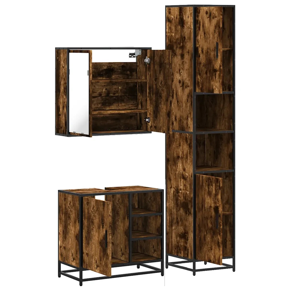 Set Mobili da Bagno 3 pz Rovere Fumo in Legno Multistrato 3301087