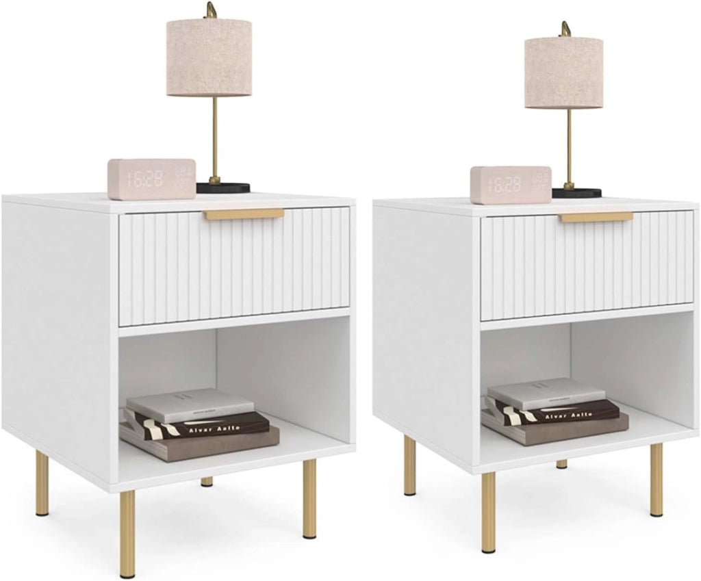 Set di 2 comodini a 1 cassetto Marcel con doghe in Legno Bianco e Oro