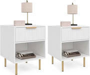 Set di 2 comodini a 1 cassetto Marcel con doghe in Legno Bianco e Oro