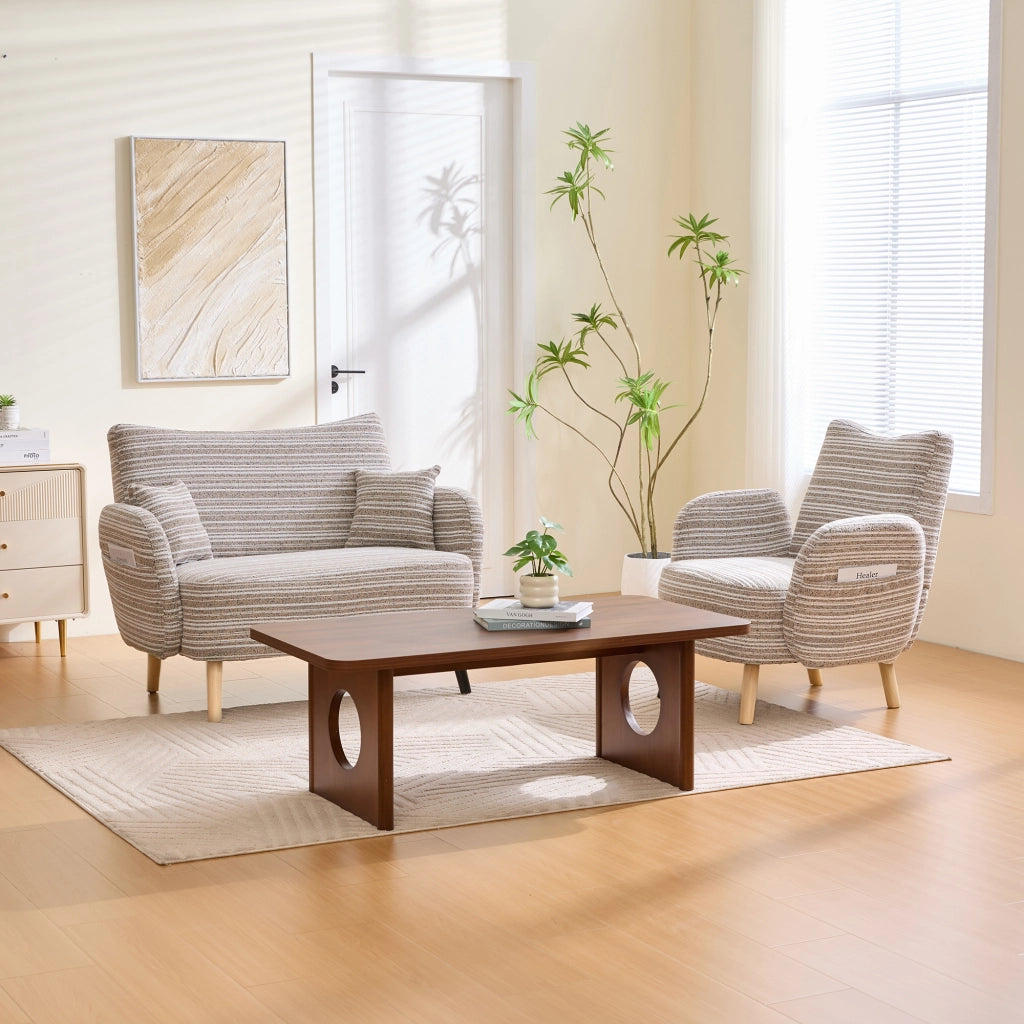 Divano 2 Posti con Tasche laterali e Braccioli imbottiti; in Tessuto bouclé Cachi 121 × 81.5 × 87 cm