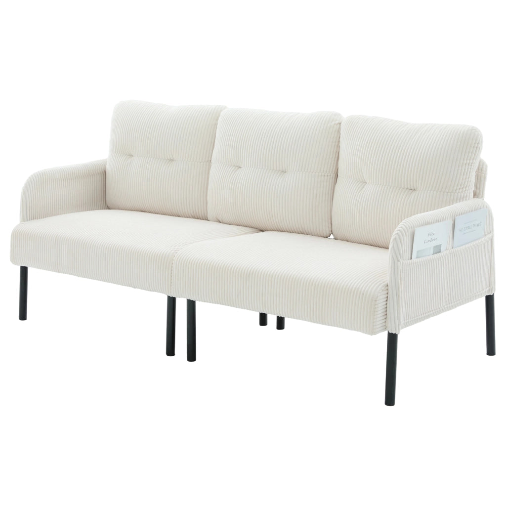 Divano a 3 posti in corduroy beige con schienale ergonomico, tasca laterale e struttura in metallo